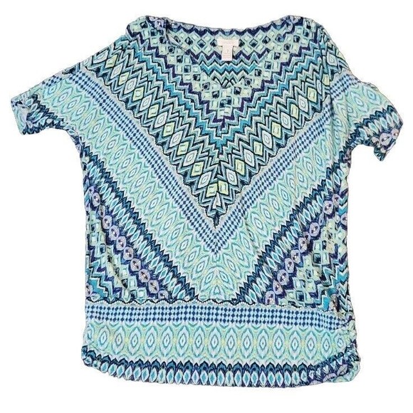 Chico's Aqua Blue Purple White Chevron Ruched Ikat Sides Tunic Top Shirt Sz 1 M - Picture 1 of 7